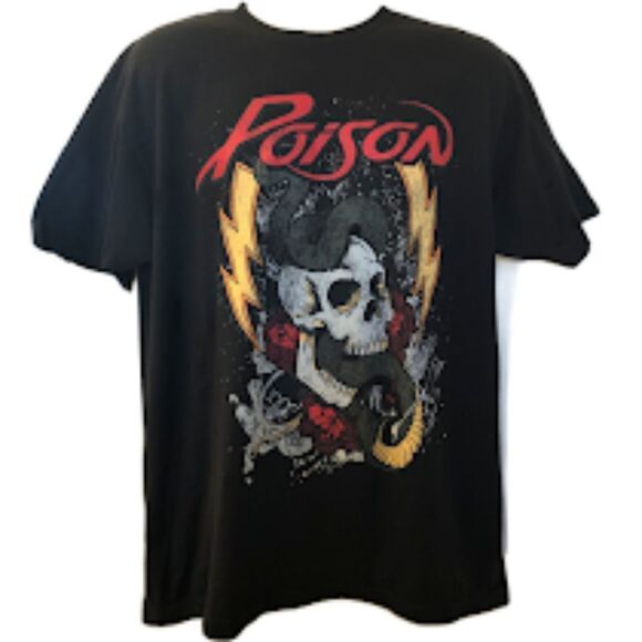 Poison Concert Black Graphic T-shirt Men's Unisex XL Skull Snake Lightning Bolt - Picture 1 of 7